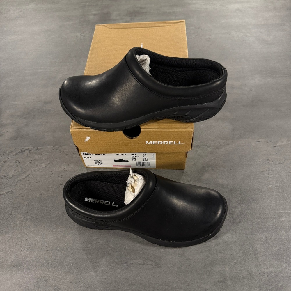 Merrell Clogs Womens 5.5 Encore Nova 4 Black Leather Slip On NEW $135 Comfort